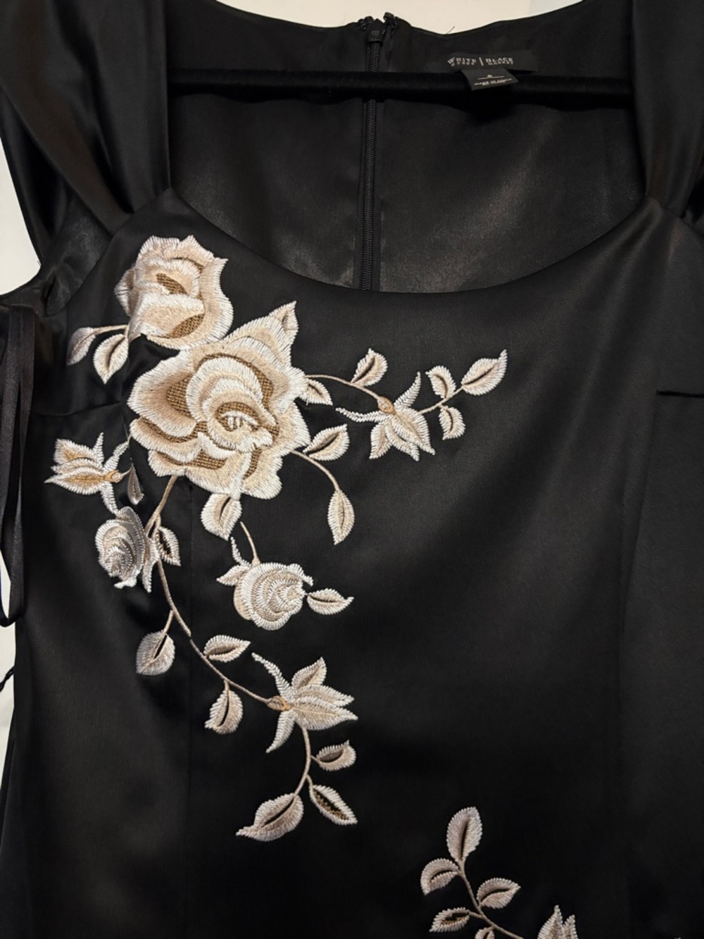 White House Black Market Black Midi Dress with Cream Floral Embroidery - Picture 3 of 9